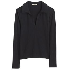 Madewell Drapey Rib Long Sleeve Polo Top Black Medium Jet Black Collared NWT
